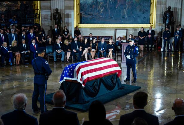 U.S. Capitol Police stand watch over the casket of the late Sen. Lindsey Graham during a Congressional tribute in the Rotunda of the U.S. Capitol in Washington DC on Tuesday, July 28, 2026. Graham, who served South Carolina in Congress for 31 years, died on July 11 at the age of 71.  WAP20260728916 BONNIExCASH