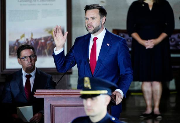 Vice President JD Vance speaks during a Congressional Tribute to honor the late Sen. Lindsey Graham, R-SC, in the Rotunda of the U.S. Capitol in Washington, DC on Tuesday, July 28, 2026. Graham, who served in Congress for 31 years, died on July 11 at the age of 71.  WAP20260728925 BONNIExCASH