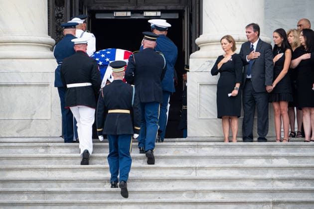 Sen. Lindsey Graham Congressional Tribute UNITED STATES - JULY 28: Sen. Darline Graham, R-S.C., and her husband Larry Nordone look on as the Armed Forces Body Bearer Team carries the body of her deceased brother Sen. Lindsey Graham, R-S.C., up the U.S. Capitol steps to the Congressional tribute in the U.S. Capitol Rotunda on Tuesday, July 28, 2026. Sen. Lindsey Graham died on July 11th from an aortic dissection. (Bill Clark CQ Roll Call) Washington DC United States EDITORIAL USE ONLY Copyright: x 2026xCQxRollxCallx BillxClarkx rollcallpix172254