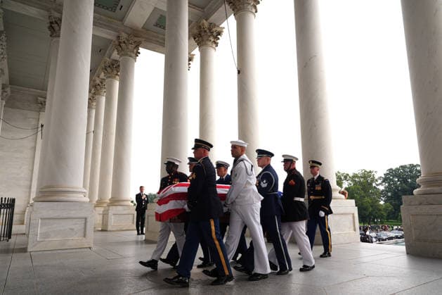 An Armed Forces Body Bearer Team moves the casket of Sen. Lindsey Graham, R-S.C., upon arrival for a Congressional tribute in the Rotunda of the U.S. Capitol, Tuesday, July 28, 2026, in Washington. Graham, who served in Congress for 31 years, died on July 11 at the age of 71. Pool photo by Mark Schiefelbein  WAX2026072870999 MarkxSchiefelbein