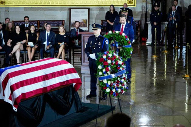 Vice President JD Vance pays respects during a Congressional Tribute to honor the late Sen. Lindsey Graham, R-SC, in the Rotunda of the U.S. Capitol in Washington, DC on Tuesday, July 28, 2026. Graham, who served in Congress for 31 years, died on July 11 at the age of 71.  WAP20260728929 BONNIExCASH