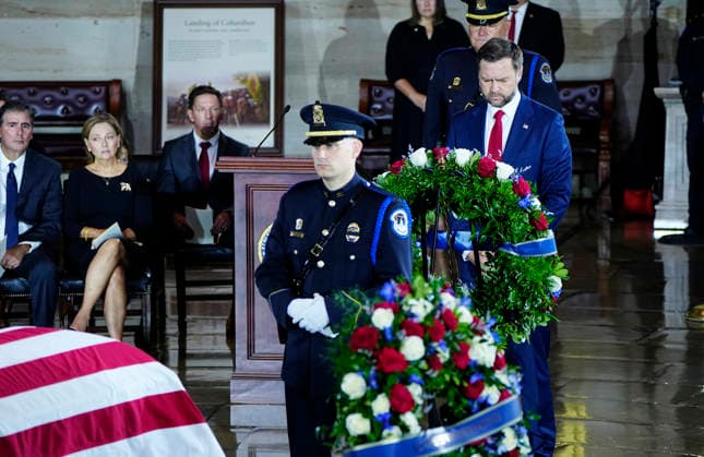 Vice President JD Vance pays respects during a Congressional Tribute to honor the late Sen. Lindsey Graham, R-SC, in the Rotunda of the U.S. Capitol in Washington, DC on Tuesday, July 28, 2026. Graham, who served in Congress for 31 years, died on July 11 at the age of 71.  WAP20260728930 BONNIExCASH