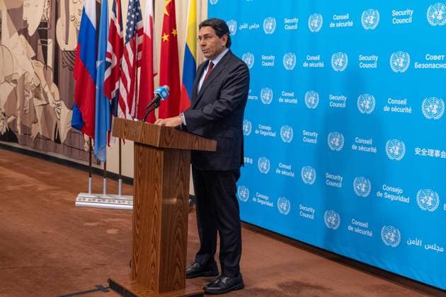 July 28, 2026, New York, New York, USA: Ambassador Danny Danon of Israel speaks to the press ahead of Security Council meeting on The situation in the Middle East, including the Palestinian question: Quarterly Open Debate at UN Headquarters in New York, NY on July 28, 2026. New York USA  - ZUMAr339 20260728_znp_r339_007 Copyright: xLevxRadinx