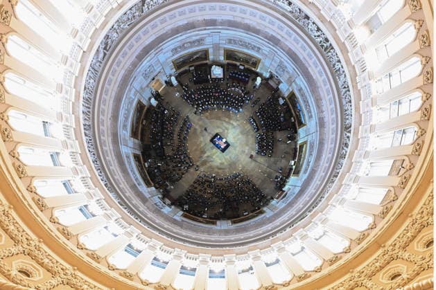 The casket of the late Sen. Lindsey Graham lies in the Rotunda of the U.S. Capitol during a Congressional tribute in Washington DC on Tuesday, July 28, 2026. Graham, who served South Carolina in Congress for 31 years, died on July 11 at the age of 71. Pool  WASP20260728103 KENNYxHOLSTON