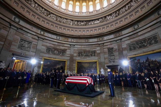 The casket of the late Sen. Lindsey Graham lies in the Rotunda of the U.S. Capitol during a Congressional tribute in Washington DC on Tuesday, July 28, 2026. Graham, who served South Carolina in Congress for 31 years, died on July 11 at the age of 71. Pool  WASP20260728114 JIMxLOxSCALZO