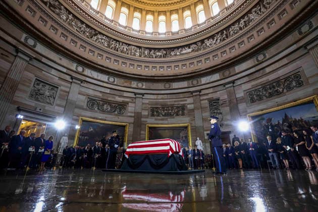 The casket of the late Sen. Lindsey Graham lies in the Rotunda of the U.S. Capitol during a Congressional tribute in Washington DC on Tuesday, July 28, 2026. Graham, who served South Carolina in Congress for 31 years, died on July 11 at the age of 71. Pool  WASP20260728117 JIMxLOxSCALZO