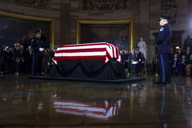 The casket of the late Sen. Lindsey Graham lies in the Rotunda of the U.S. Capitol during a Congressional tribute in Washington DC on Tuesday, July 28, 2026. Graham, who served South Carolina in Congress for 31 years, died on July 11 at the age of 71. Pool  WASP20260728119 JIMxLOxSCALZO