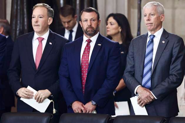 July 28, 2026, Washington, District Of Columbia, USA: From left to right: Lee Zeldin, Director, United States Environmental Protection Agency (EPA), United States Secretary of Homeland Security (DHS) Markwayne Mullin, and United States Secretary of Energy Chris Wright in the rotunda of the US Capitol during a congressional tribute to the late Senator from South Carolina Lindsey Graham in Washington, DC, USA, 28 July 2026. Graham died unexpectedly on 11 July at the age of 71 from a tear in his aorta Washington USA - ZUMAs152 20260728_faa_s152_082 Copyright: xShawnxThewx-xPoolxviaxCNPx