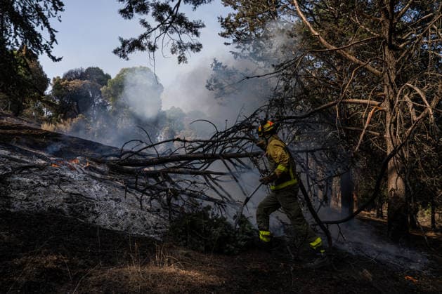 Firefighters Succeed in Containing the Spread of Active Fire Fronts in the Sierra Oeste Forest Fire in Madrid A firefighter works to extinguish the forest fire in the Sierra Oeste of Madrid, near the San Juan Reservoir, on July 28, 2026, in Madrid, Spain. The intense efforts carried out overnight by the firefighting team have made it possible to contain the spread of the active fronts of the wildfire affecting the Community of Madrid and prevent the flames from reaching the municipality of Valdemaqueda. However, firefighting efforts continue, with attention focused on the rise in temperatures expected across the peninsula starting tomorrow, July 28, 2026, in Madrid, Spain  Copyright: xMatiasxChiofalox 7691519
