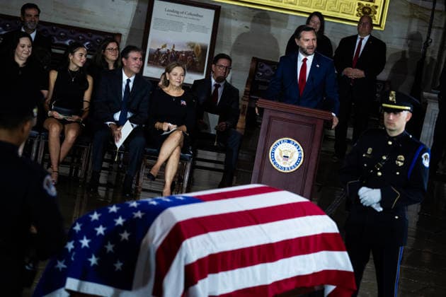 Lindsey Graham Congressional Tribute UNITED STATES - JULY 28: Sen. Darline Graham, R-S.C., and her husband Larry Nordone, listen to Vice President JD Vance deliver remarks about her late brother, Sen. Lindsey Graham, R-S.C., during a Congressional tribute ceremony in the U.S. Capitol Rotunda on Tuesday, July 28, 2026. (Tom Williams CQ Roll Call) Washington DC United States EDITORIAL USE ONLY Copyright: x2026xCQ-RollxCall,xInc.x TomxWilliamsx rollcallpix172273