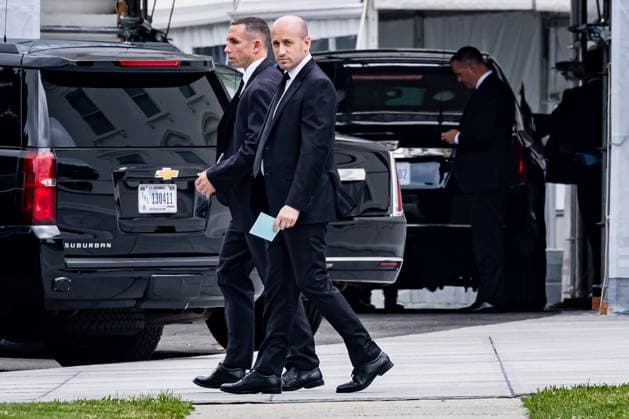 White House Deputy Chief of Staff for Policy Stephen Miller departs the White House for the funeral service for the late Sen. Lindsey Graham at the Washington National Cathedral in Washington DC on Tuesday, July 28, 2025.  WAP202607281899 JemalxCountess