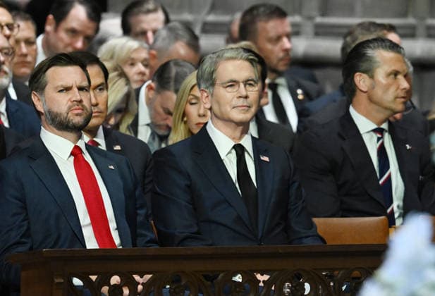 Vice President JD Vance, Secretary of the Treasure Scott Bessent and Secretary of Defense Pete Hegseth (L to R) attend the funeral service for the late Sen. Lindsey Graham, R-SC, at Washington National Cathedral in Washington, DC on Tuesday, July 28, 2026.  WAP20260728808 ANNABELLExGORDON