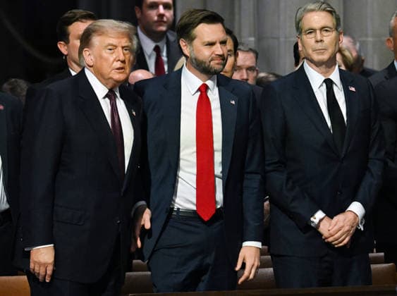 President Donald Trump, Vice President JD Vance and Secretary of the Treasure Scott Bessent (L to R) attend the funeral service for the late Sen. Lindsey Graham, R-SC, at Washington National Cathedral in Washington, DC on Tuesday, July 28, 2026.  WAP20260728812 ANNABELLExGORDON
