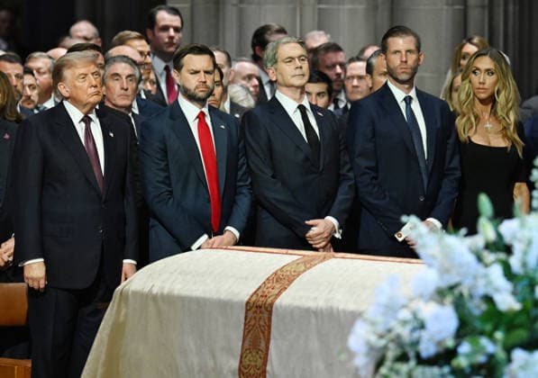 President Donald Trump, Vice President JD Vance, Secretary of the Treasure Scott Bessent and Eric Trump and wife Lara Trump (L to R) attend the funeral service for the late Sen. Lindsey Graham, R-SC, at Washington National Cathedral in Washington, DC on Tuesday, July 28, 2026.  WAP20260728813 ANNABELLExGORDON