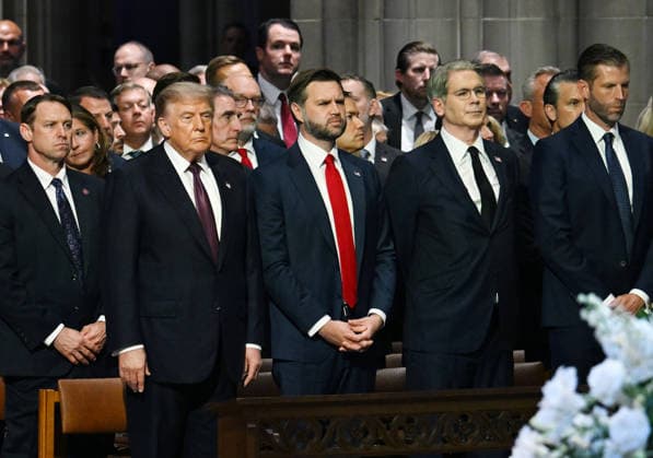 President Donald Trump, Vice President JD Vance, Secretary of the Treasury Scott Bessent and Eric Trump (L to R) attend the funeral service for the late Sen. Lindsey Graham, R-SC, at Washington National Cathedral in Washington, DC on Tuesday, July 28, 2026.  WAP20260728815 ANNABELLExGORDON