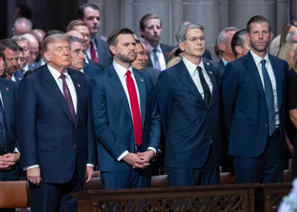 Lindsey Graham Funeral in the Washington National Cathedral United States President Donald J Trump at the funeral service for the late US Senator Lindsey Graham (Republican of South Carolina) at the Washington National Cathedral in Washington, DC, USA, on Tuesday July 28, 2026. From left to right: President Trump, US Vice President JD Vance, US Secretary of the Treasury Scott Bessent, and Eric Trump. Photo by Ron Sachs CNP ABACAPRESS.COM Washington District of Columbia United States  Copyright: xCNP ABACAx