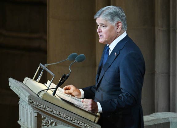 Fox news host Sean Hannity delivers a tribute at the funeral for Sen. Lindsey Graham, R-SC, at the National Cathedral in Washington DC on Tuesday, July 28, 2026. Graham, who served in Congress for 31 years, died on July 11 at the age of 71.  WAP20260728820 ANNABELLExGORDON