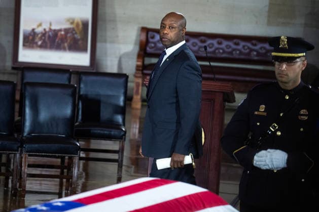Lindsey Graham Congressional Tribute UNITED STATES - JULY 28: Sen. Tim Scott, R-S.C., attends a Congressional tribute ceremony for the late Sen. Lindsey Graham, R-S.C., in the U.S. Capitol Rotunda on Tuesday, July 28, 2026. (Tom Williams CQ Roll Call) Washington DC United States EDITORIAL USE ONLY Copyright: x2026xCQ-RollxCall,xInc.x TomxWilliamsx rollcallpix172287