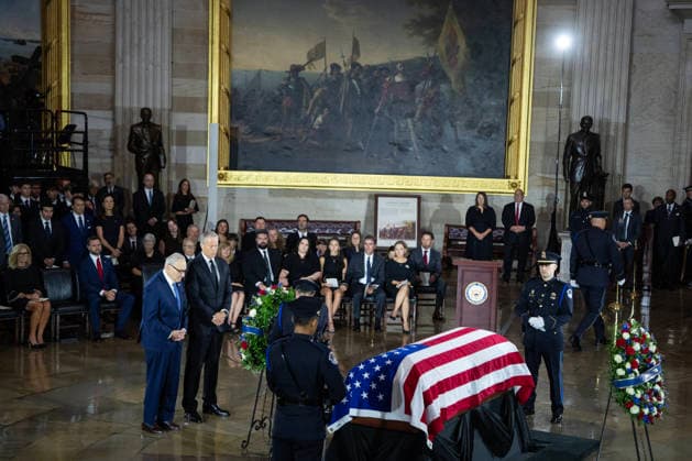 Lindsey Graham Congressional Tribute UNITED STATES - JULY 28: Senate Minority Leader Charles Schumer, D-N.Y., left, and Senate Majority Leader John Thune, R-S.D., pay respects to the late Sen. Lindsey Graham, R-S.C., during a Congressional tribute ceremony in the Capitol Rotunda on Tuesday, July 28, 2026. (Tom Williams CQ Roll Call) Washington DC United States EDITORIAL USE ONLY Copyright: x2026xCQ-RollxCall,xInc.x TomxWilliamsx rollcallpix172280