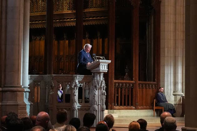 President Donald Trump speaks at the funeral of Sen. Lindsey Graham, R-SC., at the Washington National Cathedral, Tuesday, July 28, 2026, in Washington.  WAX20260728607 AlexxBrandon