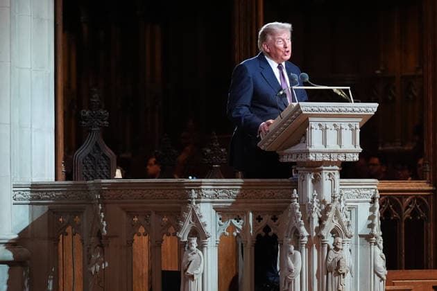 President Donald Trump speaks at the funeral of Sen. Lindsey Graham, R-SC., at the Washington National Cathedral, Tuesday, July 28, 2026, in Washington.  WAX20260728608 AlexxBrandon