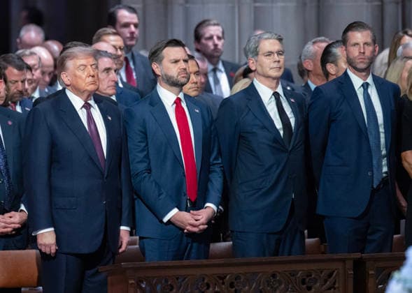 July 28, 2026, Washington, District Of Columbia, USA: United States President Donald J Trump at the funeral service for the late US Senator Lindsey Graham (Republican of South Carolina) at the Washington National Cathedral in Washington, DC, USA, on Tuesday July 28, 2026. From left to right: President Trump, US Vice President JD Vance, US Secretary of the Treasury Scott Bessent, and Eric Trump Washington USA - ZUMAs152 20260728_faa_s152_255 Copyright: xRonxSachsx