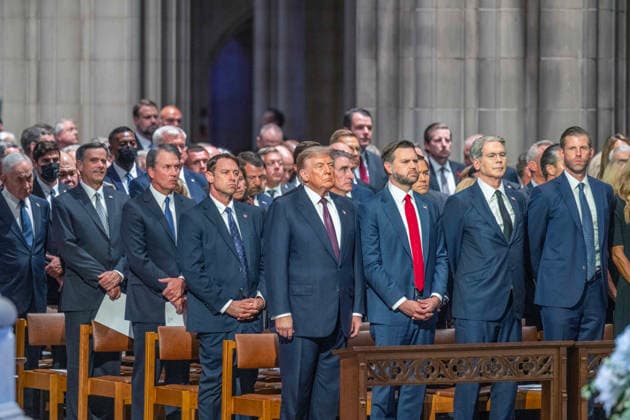 July 28, 2026, Washington, District Of Columbia, USA: United States President Donald J Trump and guests at the funeral service for the late US Senator Lindsey Graham (Republican of South Carolina) at the Washington National Cathedral in Washington, DC, USA, on Tuesday July 28, 2026. From left to right: Prime Minister Benjamin Netanyhu of Israel, John Ratcliffe, Director, Central Intelligence Agency (CIA), Associate Justice of the Supreme Court Brett Kavanaugh, unknown, President Trump, US Vive President JD Vance, United States Secretary of the Treasury Scott Bessent, and Eric Trump Washington USA - ZUMAs152 20260728_faa_s152_258 Copyright: xRonxSachsx
