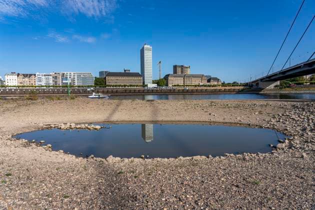 Rhein bei Düsseldorf, extremes Niedrigwasser, Rheinpegel bei 31 cm, Tendenz fallend, nach der langen Dürre fällt das linke Rheinufer, bei Düsseldorf Oberkassel trocken, eine große Sandbank entsteht, Wasserloch, Frachtschiffe können nur noch mit deutlich reduzierter Ladung fahren, Skyline der City, Altstadtufer, NRW, Deutschland Niedrigwasser Rhein *** Rhine near Düsseldorf, extremely low water levels, Rhine water level at 31 cm, trending downward; following the long drought, the left bank of the Rhine near Düsseldorf-Oberkassel has dried up, a large sandbar has formed, a waterhole; cargo ships can now only navigate with significantly reduced cargo; city skyline, Old Town riverfront, North Rhine-Westphalia, Germany; low water levels on