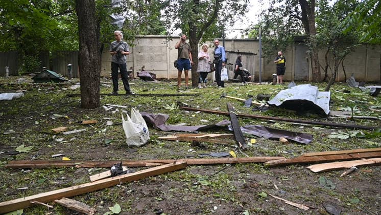 Russian drone attack in Kharkiv KHARKIV, UKRAINE - JULY 28: Russian Shahed type jet-powered UAV struck the roof of a five-story residential building in Kharkiv, Ukraine on July 28, 2026. A fire broke out on the roof, damaging about half of its area. Eight local residents suffered acute stress reactions. In addition, five nearby high-rise buildings were damaged, with windows shattered, as well as private homes and power lines. Serhii Masin Anadolu Kharkiv Ukraine. Editorial use only. Please get in touch for any other usage.  Copyright: x2026xAnadoluxSerhiixMasinx