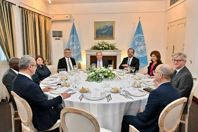 UN Secretary-General Guterres meets with Erhurman and Christodoulides over dinner NICOSIA, CYPRUS - JULY 28: (----EDITORIAL USE ONLY – MANDATORY CREDIT - PRESIDENCY OF TRNC HANDOUT - NO MARKETING NO ADVERTISING CAMPAIGNS - DISTRIBUTED AS A SERVICE TO CLIENTS----) United Nations Secretary-General Antonio Guterres (C) hosts an informal dinner with Turkish Republic of Northern Cyprus (TRNC) President Tufan Erhurman (C-L) and Greek Cypriot Leader Nikos Christodoulides (C-R) at the UN buffer zone compound in Nicosia, Cyprus on July 28, 2026. TRNC Presidency Handout Anadolu Nicosia Cyprus. Editorial use only. Please get in touch for any other usage.  Copyright: x2026xAnadoluxTRNCxPresidencyx xHandoutx