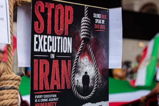 No to Iranian Executions Protest , London, UK. Whitehall, London, UK. 12th May 2026. Members of the Iranian community in London held an emotional protest opposite Downing Street, following the public execution in Isfahan, Iran, of political prisoners, Abolfazl Sepahi-Badjani and Amirhossein Safari-Hosseinabadi, who were arrested for taking part in the nationwide protests on 8th 9th Jan 2026., Credit:Photo by Amanda Rose Amanda Rose Avalon United Kingdom, London, Westminster, Whitehall  Copyright: xPhotoxbyxAmandaxRosex xAmandaxRosex xAvalonx 1119354641