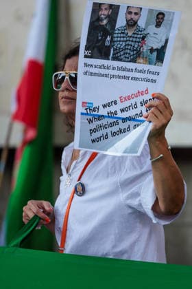 No to Iranian Executions Protest , London, UK. Whitehall, London, UK. 12th May 2026. Members of the Iranian community in London held an emotional protest opposite Downing Street, following the public execution in Isfahan, Iran, of political prisoners, Abolfazl Sepahi-Badjani and Amirhossein Safari-Hosseinabadi, who were arrested for taking part in the nationwide protests on 8th 9th Jan 2026., Credit:Photo by Amanda Rose Amanda Rose Avalon United Kingdom, London, Westminster, Whitehall  Copyright: xPhotoxbyxAmandaxRosex xAmandaxRosex xAvalonx 1119354669