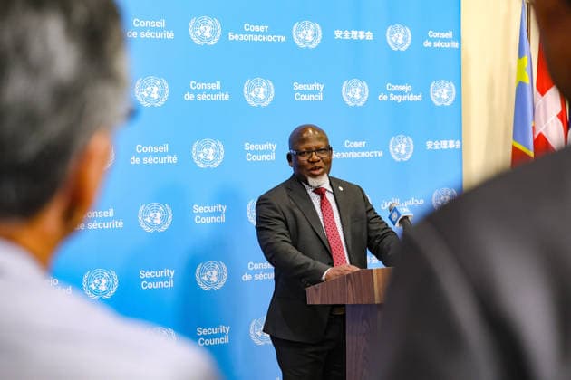 July 28, 2026, New York, New York, United States: ZENON MUKONGO NGAY, Permanent Representative of the Democratic Republic of the Congo to the United Nations and President of the Security Council for July, speaks to reporters following closed consultations at UNHQ. Mukongo Ngay discussed preparations for the Security CouncilÃ¢â‚¬â ¢s first informal straw poll in the selection process for the next United Nations Secretary-General, scheduled to take place on July 30. New York United States - ZUMAo116 20260728_znp_o116_083 Copyright: xBiancaxOterox