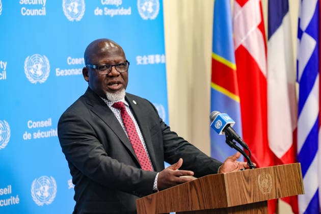 July 28, 2026, New York, New York, United States: ZENON MUKONGO NGAY, Permanent Representative of the Democratic Republic of the Congo to the United Nations and President of the Security Council for July, speaks to reporters following closed consultations at UNHQ. Mukongo Ngay discussed preparations for the Security CouncilÃ¢â‚¬â ¢s first informal straw poll in the selection process for the next United Nations Secretary-General, scheduled to take place on July 30. New York United States - ZUMAo116 20260728_znp_o116_089 Copyright: xBiancaxOterox