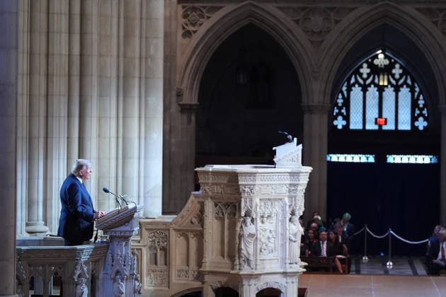 United States President Donald J Trump speaks at the funeral of late US Senator Lindsey Graham (Republican of South Carolina), at the Washington National Cathedral, Tuesday, July 28, 2026, in Washington. Copyright: xPoolxphotox 2026xThexAssociatedxPressxfromxConsolidatedxNewsxPhotosxAllxRightsxReservedx MediaPunchx