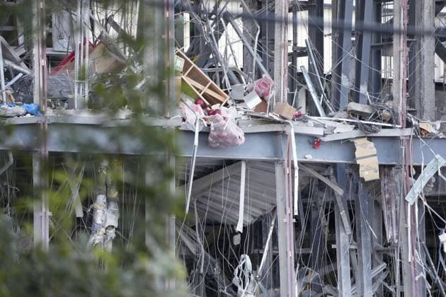 Aftermath of strong earthquake in Kumamoto Pref. Photo taken on July 29, 2026, shows a destroyed Aeon Mall building in Kashima, Kumamoto Prefecture, a day after an explosion apparently triggered by a gas leak following a powerful earthquake that hit the southwestern Japan prefecture.  A14AA0005624351P