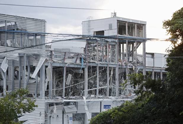 Aftermath of strong earthquake in Kumamoto Pref. Photo taken on July 29, 2026, shows a destroyed Aeon Mall building in Kashima, Kumamoto Prefecture, a day after an explosion apparently triggered by a gas leak following a powerful earthquake that hit the southwestern Japan prefecture.  A14AA0005624352P