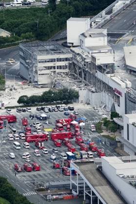 Aftermath of strong earthquake in Kumamoto Photo taken from a Kyodo News helicopter on July 29, 2026, shows a destroyed Aeon Mall building in Kashima, Kumamoto Prefecture, a day after an explosion apparently triggered by a gas leak following a powerful earthquake that hit the southwestern Japan prefecture.  A14AA0005624414P