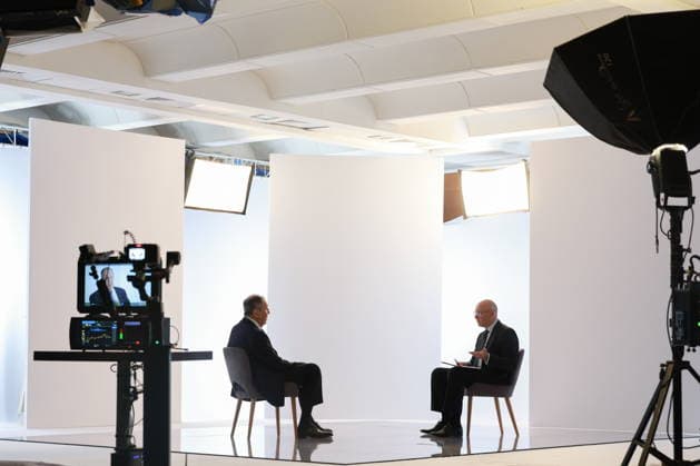 RUSSIA, MOSCOW - JULY 16, 2026: Russia s Minister of Foreign Affairs Sergei Lavrov (L) during an interview with TASS General Director Andrei Kondrashov. Alexander Shcherbak TASS  95586703