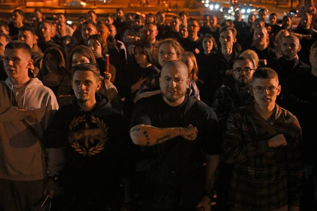 People are gathered in Maidan Nezalezhnosti Square during a commemorative ceremony marking the fourth anniversary of the Olenivka prison massacre, Kyiv, Ukraine, July 28, 2026. On the night of 28–29 July 2022, at least 53 Ukrainian prisoners of war were killed and more than 130 wounded in a Russian terrorist attack on the former Volnovakha Penal Colony No. 120 near the occupied settlement of Olenivka, Donetsk region, where defenders of Azovstal in Mariupol were being held. (Photo by Yevhen Kotenko Ukrinform) Kyiv remembers Olenivka prison massacre victims  Copyright: xYevhenxKotenkox