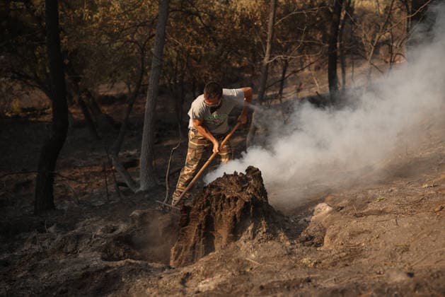 The Burgohondo, Ávila, wildfire is not spreading, but it will still take days to bring it under control. A man tries to extinguish the remaining flames in the wildfire on the outskirts of Casavieja on July 29, 2026, in Ávila, Castile and León, Spain. The fire suppression director for the Castile and León Regional Government’s Infocal operation at the Burgohondo, Ávila, wildfire stated that overnight, emergency crews managed to prevent the fire from spreading, however, he warned that it will take many days of work to bring it under control. JULY 29, 2026 Alejandro Martínez Vé Ávila, Castile and León Ávila, Castile and León, Spain  Copyright: xAlejandroxMartinezxVÃ lezx 7693648