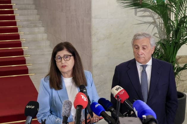 Global Alliance Meeting on the Two-State Solution in Rome ROME, ITALY, JULY 29: Palestinian Authority’s State Minister for Foreign Affairs and Expatriates, Varsen Aghabekian (L) and Italy’s Foreign minister Antonio Tajani (R) attend the press conference at the end of their bilateral meeting on the occasion of the Global Alliance Meeting on the Two-State Solution at the Italian Foreign Ministry headquarters in Rome, Italy, on July 29, 2026. Riccardo De Luca Anadolu Rome Italy. Editorial use only. Please get in touch for any other usage.  Copyright: x2026xAnadoluxRiccardoxDexLucax