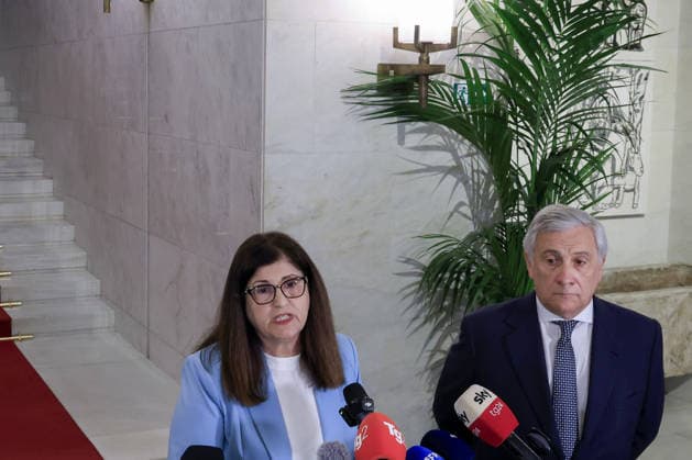 Global Alliance Meeting on the Two-State Solution in Rome ROME, ITALY, JULY 29: Palestinian Authority’s State Minister for Foreign Affairs and Expatriates, Varsen Aghabekian (L) and Italy’s Foreign minister Antonio Tajani (R) attend the press conference at the end of their bilateral meeting on the occasion of the Global Alliance Meeting on the Two-State Solution at the Italian Foreign Ministry headquarters in Rome, Italy, on July 29, 2026. Riccardo De Luca Anadolu Rome Italy. Editorial use only. Please get in touch for any other usage.  Copyright: x2026xAnadoluxRiccardoxDexLucax