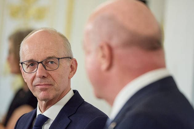 - Wien 29.07.2026 - Stocker - Frieden - Heute traf der österreichische Bundeskanzler Christian Stocker (ÖVP) im Bundeskanzleramt mit dem Premierminister von Luxemburg Luc Frieden zu einem Arbeitsgespräch zusammen. Anschliessend gab es eine Pressekonferenz. PHOTO: Bundeskanzler Christian Stocker (R ÖVP) und der luxemburgische Premier Luc Frieden während der Pressekonferenz im Bundeskanzleramt. Vienna (AUSTRIA) - Today, the Austrian Federal Chancellor, Christian Stocker (ÖVP), met with the Prime Minister of Luxembourg, Luc Frieden, at the Federal Chancellery for a working meeting. OVP, Oevp, government, PK, talks, EU, UE, Europe, Europa, Luxembourg, Treffen Bundeskanzler Stocker - Premierminister Frieden Luxemburg *** Vienna, July 29 