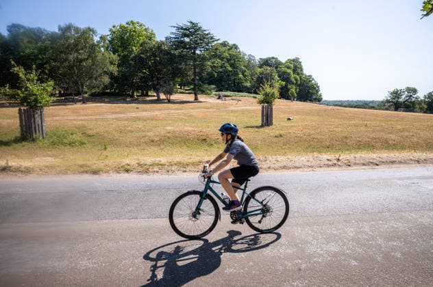 July 29, 2026, London, UK: London, UK. A cyclists braves the hot sunshine in a parched Richmond Park southwest London as the 4th heatwave hits London and the South East today. Weather experts have issued further high heat weather warnings for the South East with highs of over 35c expected as the heatwave conditions continue. However, cooler temperatures are expected by the weekend. London UK  - ZUMAl94_ 20260729_zaf_l94_012 Copyright: xAlexxLentatix
