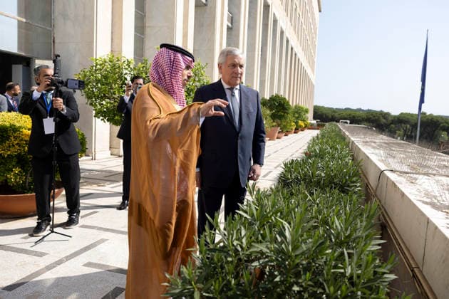 July 29, 2026, Roma, Italia: Foreign Minister Antonio Tajani (right) and Saudi Foreign Minister Faisal bin Farhan Al Saud discuss matters during a break on the second day of the Global Alliance for the Two-State Solution meeting at the Farnesina, Rome, July 29, 2026. ANSA MASSIMO PERCOSSI. Roma Italia  - ZUMAa110 20260729_zaf_a110_001 Copyright: xAnsa MassimoxPercossix