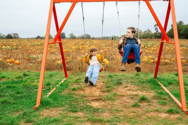 Teen boy and young girl enjoying swings at a pumpkin farm in autumn Moulton, England, United Kingdom R_JNDO260727-2088046-01 ,model released, Symbolfoto ,property released