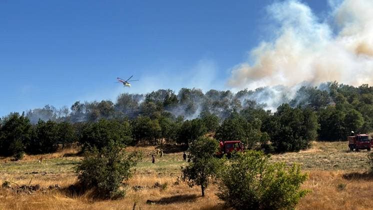 Firefighting efforts continue in Turkiye s Kutahya KUTAHYA, TURKIYE - JULY 29: A helicopter carries water to extinguish fire as smoke from the fire area fills the sky while firefighters and Turkish General Directorate of Forestry teams continue their efforts to extinguish the fire that broke out in the forest area from air and land in the Domanic district of Kutahya, Turkiye on July 29, 2026. Serdar Yigit Anadolu Kutahya Turkey. Editorial use only. Please get in touch for any other usage.  Copyright: x2026xAnadoluxSerdarxYigitx