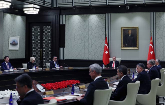 Turkish Presidential Cabinet meets under President Erdogan s chairmanship ANKARA, TURKIYE - JULY 29: (----EDITORIAL USE ONLY - MANDATORY CREDIT - TURKISH PRESIDENCY MUSTAFA KAMACI HANDOUT - NO MARKETING NO ADVERTISING CAMPAIGNS - DISTRIBUTED AS A SERVICE TO CLIENTS----) The Turkish Presidential Cabinet convenes at the Presidential Complex under the chairmanship of Turkish President Recep Tayyip Erdogan, in Ankara, Turkiye on July 29, 2026. TUR Presidency Mustafa Kamaci Anadolu Ankara Turkey. Editorial use only. Please get in touch for any other usage.  Copyright: x2026xAnadoluxTURxPresidencyx xMustafaxKamacix