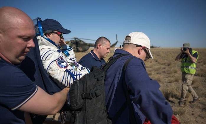 July 29, 2026, Zhezkazgan, Kazakhstan: Roscosmos cosmonaut Sergei Mikaev is carried to the medical tent moments after landing aboard the Soyuz MS-28 spacecraft, July 26, 2026 near the town of Zhezkazgan, Kazakhstan. Mikaev landed with fellow cosmonaut Sergey Kud-Sverchkov and NASA astronaut Chris Williams, after 241 days in space aboard the International Space Station. Zhezkazgan Kazakhstan - ZUMAp138 20260729_zaa_p138_025 Copyright: xBillxIngalls Nasax